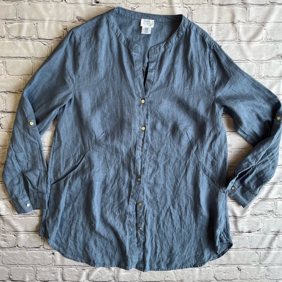 Sigrid Olsen Blue Long Linen Lagenlook Top Button Down Shirt Medium Pockets - Picture 1 of 14